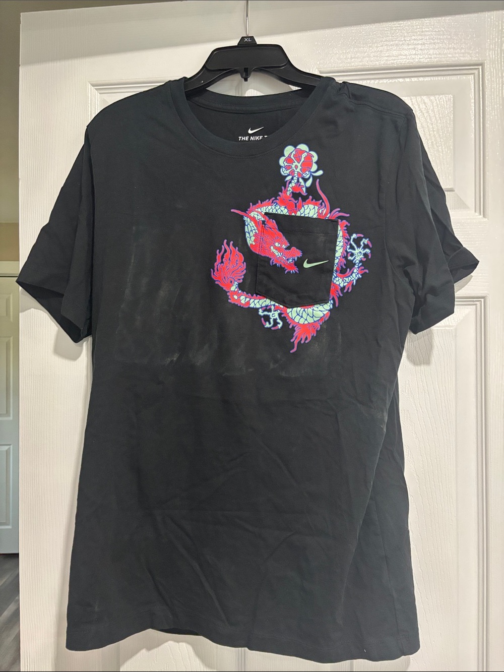 Nike Black Tee with Neon Dragon and Pocket Swoosh